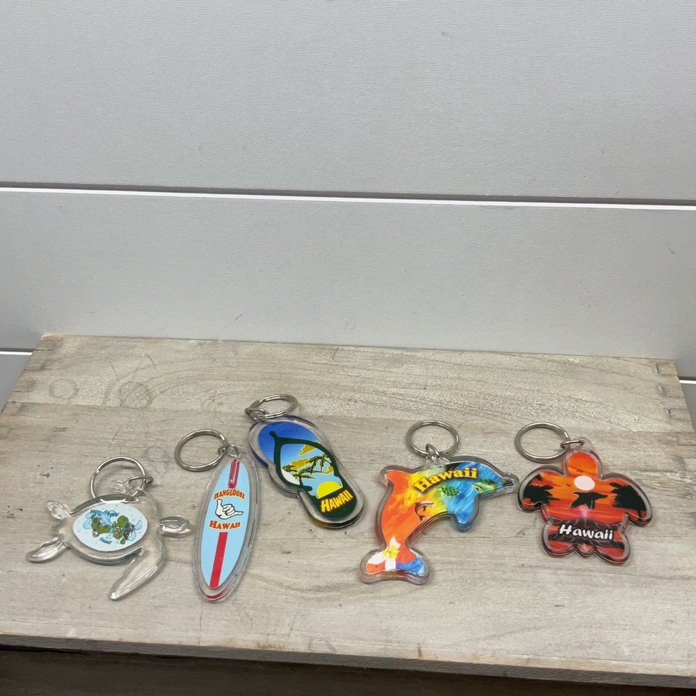 Hawaii Souvenir Keychain Lot 5pc Acrylic Dolphin Turtle Surfboard Flip Flop